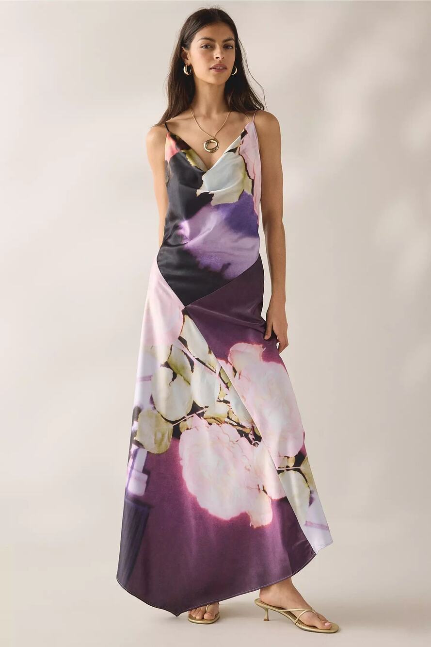 NWT Muse Assembly Ellie Asymmetric Open-Back Cowl Maxi Dress Purple Multi M